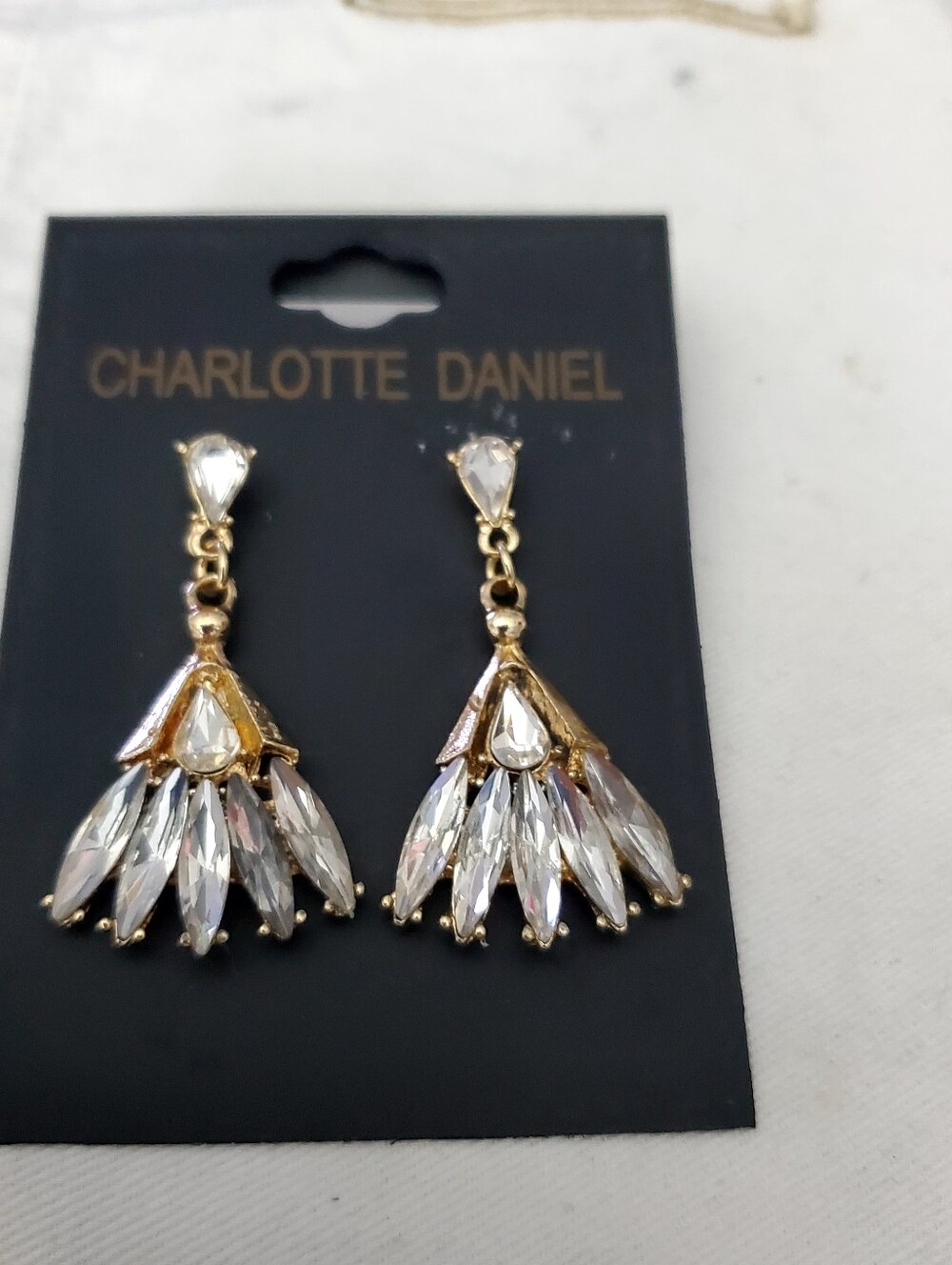 Charlotte Daniel Gold-Tone Clear Crystal Fan Drop Earrings 2”